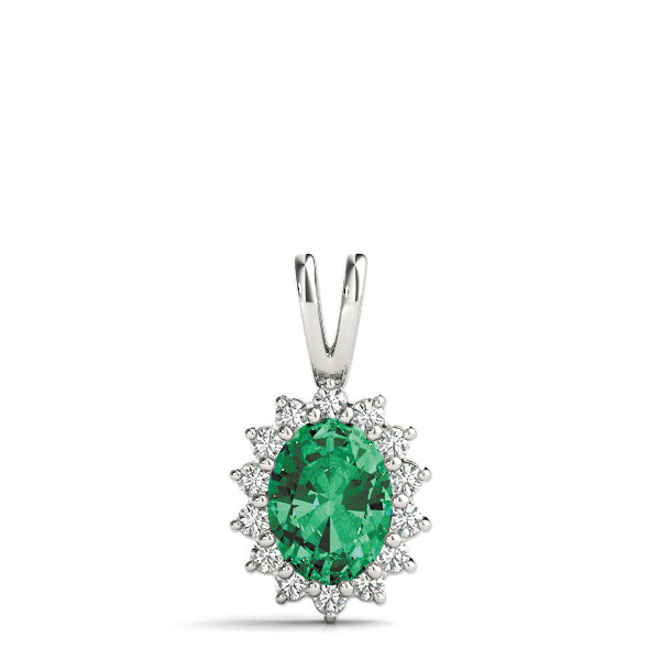 14K White Gold Diamond Halo Oval Pendant Necklace