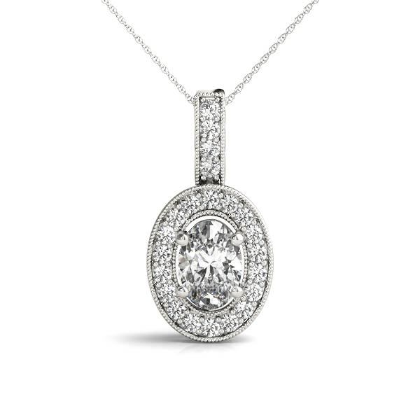 14K White Gold Diamond Halo Oval Pendant