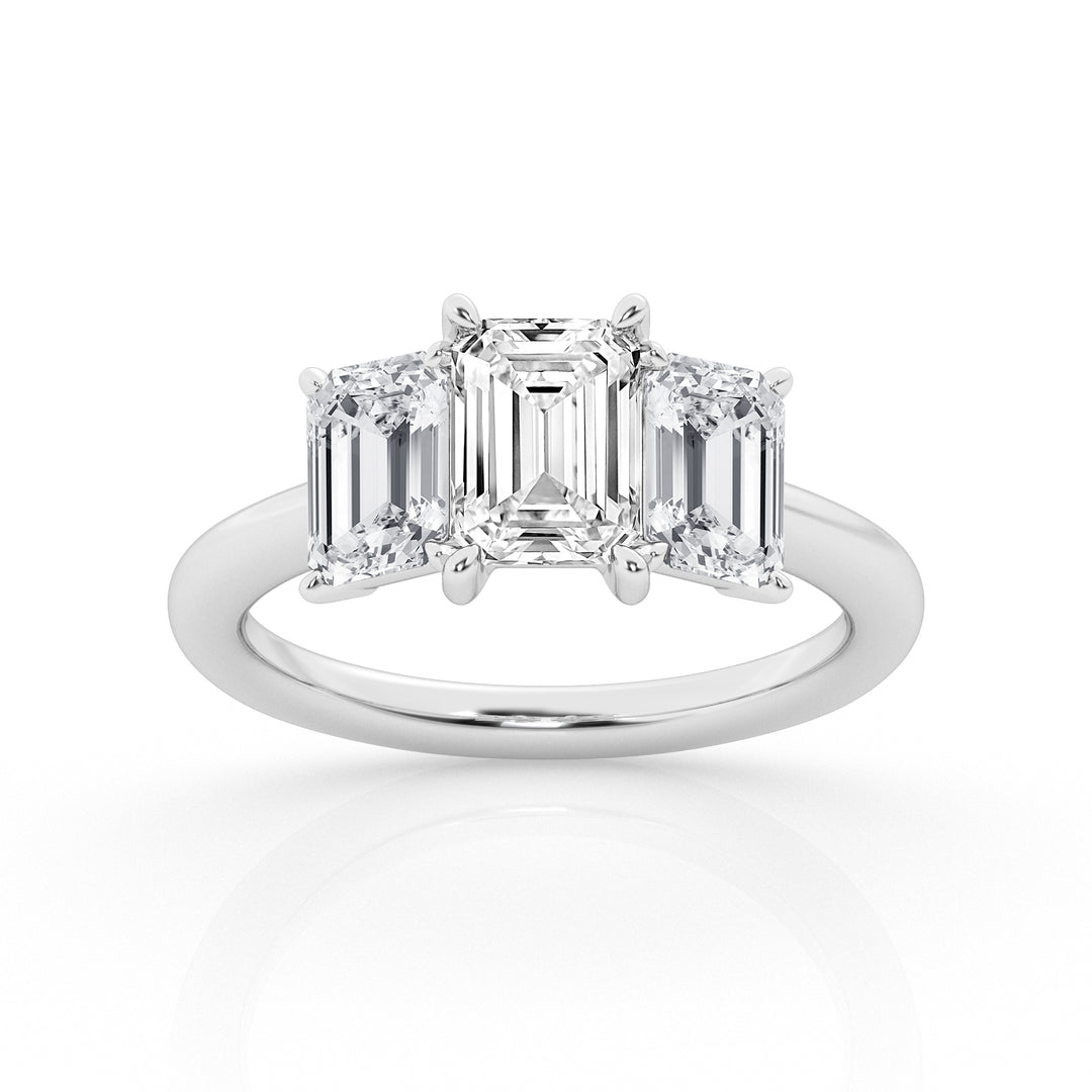 14K White Gold 3ct Emerald Cut Lab Diamond Trilogy Ring