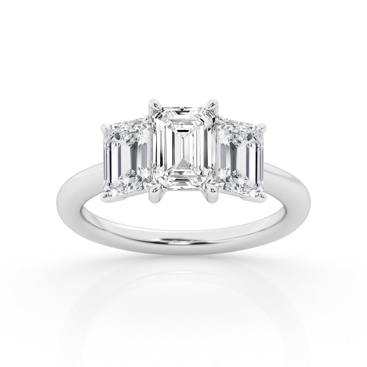 14K White Gold 3ct Emerald Cut Lab Diamond Trilogy Ring