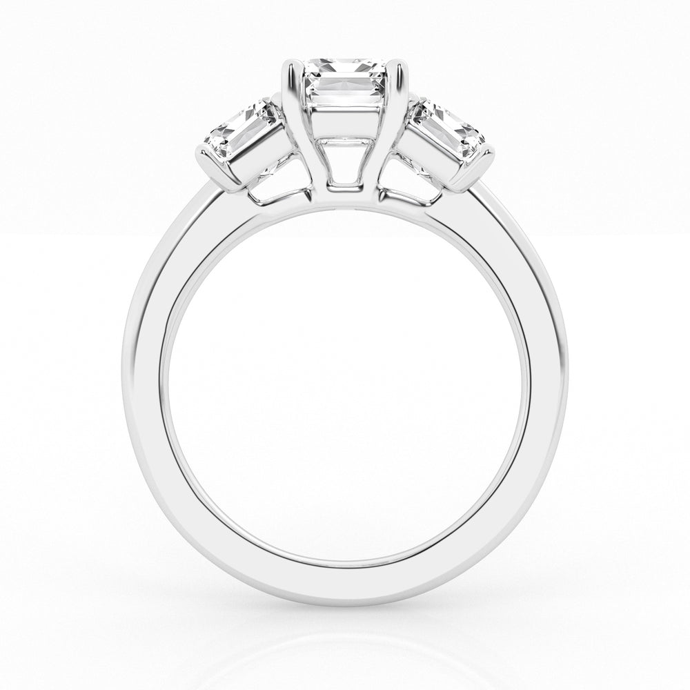 14K White Gold 3ct Emerald Cut Lab Diamond Trilogy Ring